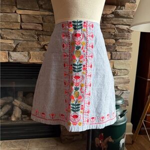 BODEN Women’s Blue & White Stripe Skirt with Embroidered Design Front & Hem - 8